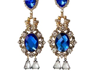 Rococo Blue Heart Rhinestone Dangle Earrings with Vintage Romantic Flair