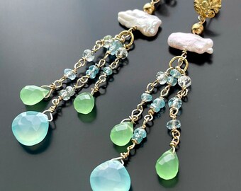 Rainforest Aqua and Green Gemstone Gold Filled Drop Earrings with Faceted Aquamarines, Chrysoprase and Chalcedony, Beach Wedding Gifts