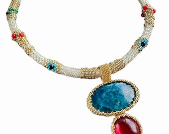 Helene Gemtone Pendant 24k Gold Plated Seed Bead Rope Necklace for Women, Ancient Greece Style with Apatite, Coral, Turquoise, Onyx & Glass