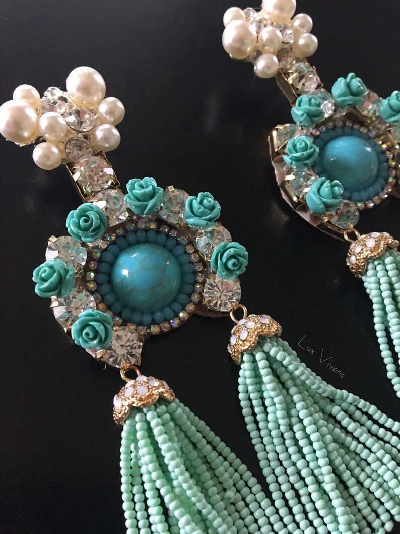 Mambo Turquoise Extravagant Tassel Earrings Shoulder Sweeping | Etsy