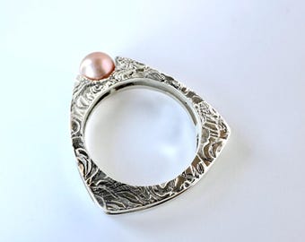 Handmade Textured Sterling Silver Ring with Blush Pink Pearl - Size 7.5 | Architectural Jewelry for Modernists