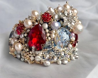 Baroque Vampire Chic Adjustable Bangle; Opulent Pearl & Red Rhinestone Bead Embroidery