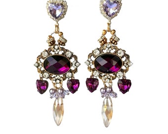 Victoria Earrings, Romantic Victorian Style Chandelier Dangle Earrings Featuring Luxurious Purple and Lavender Rhinestones with Gold Accents