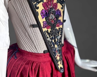 Late 17th Century Style Boned Stomacher with Opulent Hand Embroidery, Floral Exoticism Neutral Blue Green 1600s 1700s Historical Costumes
