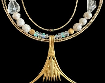 Tefnut Ancient Egyptian Jewel Treasures -  Multistrand Necklace with Large Lotus Flower Pendant, Gold Plated Beads, Rock Crystal, Tourmaline