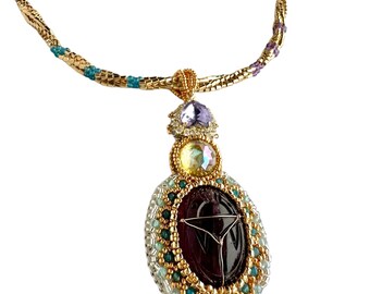 Purple Scarab Medallion 24k Gold Plated Seed Bead Chain Necklace for Women, Ancient Egypt Style with Apatite, Amethyst & Glass, Magnet Clasp