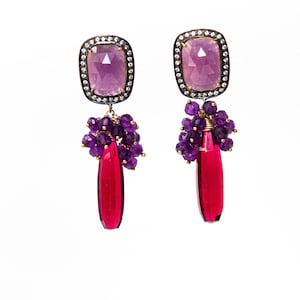 Amethyst Gemstone Grape Cluster Earrings with Raspberry Red Quartz Briolettes and Pink Sapphire Ear Posts, Gold Filled and Gold Plated image 1