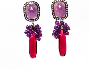 Amethyst Gemstone Grape Cluster Earrings with Raspberry Red Quartz Briolettes and Pink Sapphire Ear Posts, Gold Filled and Gold Plated