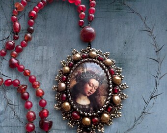 Virgin Mary Medallion Catholic Sacred Jewelry; Extra Long Vintage Revival Embroidery Beaded Tassel Necklace with Pomegranate Jade & Glass