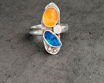 Handmade Silver Ring with Australian Opal and Agate – Size 8 | Retro 70s Style Studio Statement Jewelry