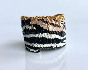 Zebra Hand Beaded Cuff; Gemstone and Glass Bead Embroidery Bracelet in Safari Aesthetic with Peach Moonstone, Black Spinel 24k Gold Plated