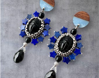 Black Scarabs & Stars - Egyptian Revival Beetle Dangle Drop Earrings with Lapis Lazuli and Obsidian; Handcrafted Vintage Bead Embroidery