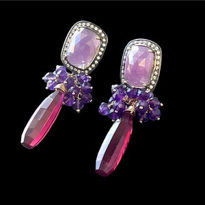 Amethyst Gemstone Grape Cluster Earrings with Raspberry Red Quartz Briolettes and Pink Sapphire Ear Posts, Gold Filled and Gold Plated image 5