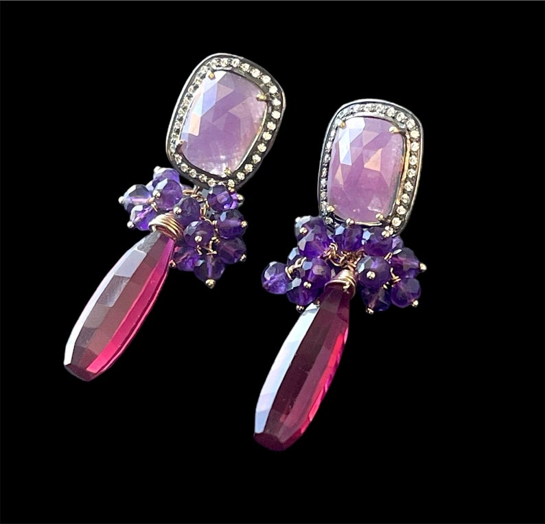 Amethyst Gemstone Grape Cluster Earrings with Raspberry Red Quartz Briolettes and Pink Sapphire Ear Posts, Gold Filled and Gold Plated image 5