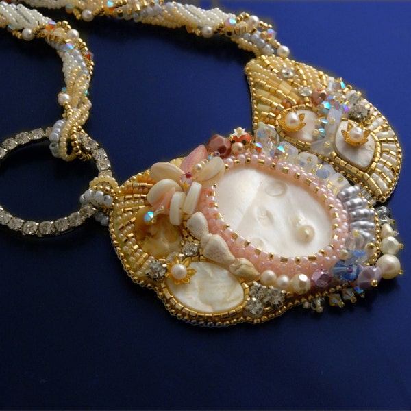 La Mer Necklace -  Ocean Romance Necklace, Pearl and Crystal Bead Embroidered Necklace, Shell, Gold Plate, Beach Wedding