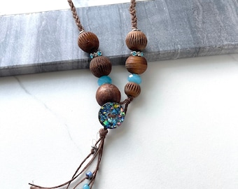 Carved Wooden Beads and Hemp Cord Braided Necklace, Nature Boho Jewelry, Hazelnut Brown and Aqua Blue Colors with Faux Opal Button
