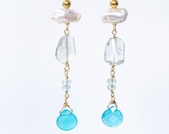 Aqua Hydroquartz and Biwa Pearl Dangle Drop Earrings with Green Amethyst, Gold Filled and Gold Plated, Beach Wedding