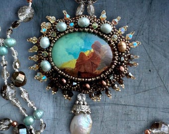Opera Length Pearl & Silk Cord Beaded Necklace with Art Deco Style Pendant | Dark Romantic Embroidery Jewelry for Women