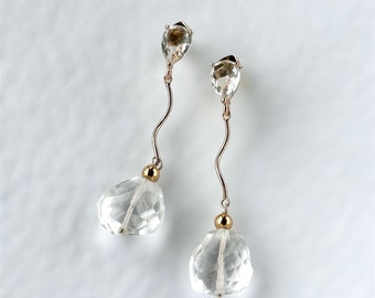 Clear Faceted Quartz Crystal Raindrop Dangle Earrings Gold Plated and 14k Gold Filled, Elegant Simple Modern Style, Bridal Jewelry