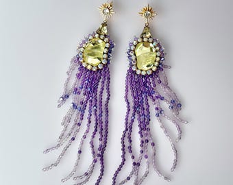Air Element - Alchemy Inspired Celestial Dangle Tassel Earrings; Embroidery Jewelry with Austrian Crystals, Rhinestones and Amethyst Stones