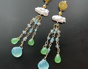 Green Aqua Rain Dangle Drop Gemstone Earrings with Gold filled wire, Faceted Aquamarines, Chrysoprase and Chalcedony, Beach Wedding