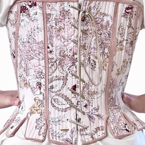 18th Century Pair of Strapless Stays Fully Boned with Spiral Back Lacing, Leather Trimmed Tabs, Ladies Historical Clothing Costumes, Floral image 3