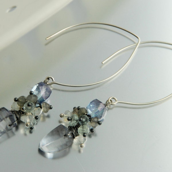 Cool Iceberg -  Gray and Blue Gemstone Earrings, Cluster Earrings, Sterling Silver Earrings, Wire Wrapped
