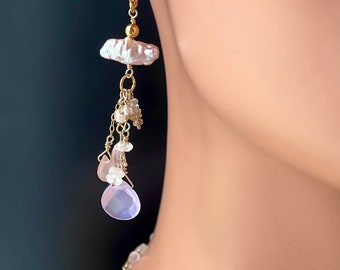 Lavender Peach Pastel Sunrise Gemstone Gold Filled Earrings with Biwa Freshwater Pearl, Chalcedony, Tourmaline, Quartz Crystal