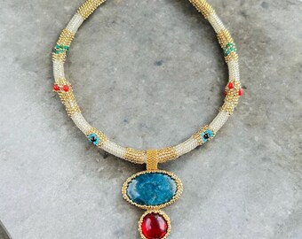Helene Mediterranean Influenced Pendant Necklace with Apatite Stone; Classical Antiquity Gold Plated Seed Bead Rope with Coral & Turquoise