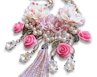 Boudoir Pink & Creme Roses and Frills Romantic Floral Textile Choker Necklace, Crystal Charm Rococo Tassel Boho Wedding Fashion Jewelry