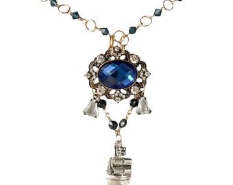 Georgiana Necklace, Rococo Flair Blue Rhinestone and Silver Ship Vintage Style Pendant Necklace with Austrian Crystal Beads and Plated Chain