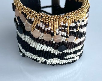 Zebra in Golden Accents Hand Beaded Cuff; Gemstone and Glass Bead Embroidery Bracelet in Safari Aesthetic with Peach Moonstone, Black Spinel