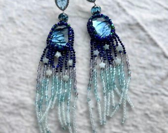 Bespoke Water Element Embroidery Tassel Earrings - Handmade Romantic Vintage Boho Style Jewelry with Crystals and Semiprecious Stones