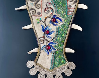 Late 17th Century Style Boned Stomacher with Opulent Hand Embroidery, Floral Exoticism Neutral Blue Green 1600s 1700s Historical Costumes
