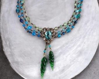 Belle Epoque Romantic Blue and Green Multistrand Glass Necklace with Swirl Drops; Victorian Style Antiqued Copper Beaded Fashion Jewelry