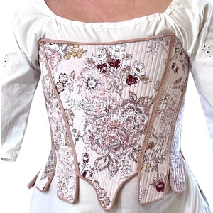 18th Century Pair of Strapless Stays Fully Boned with Spiral Back Lacing, Leather Trimmed Tabs, Ladies Historical Clothing Costumes, Floral image 1