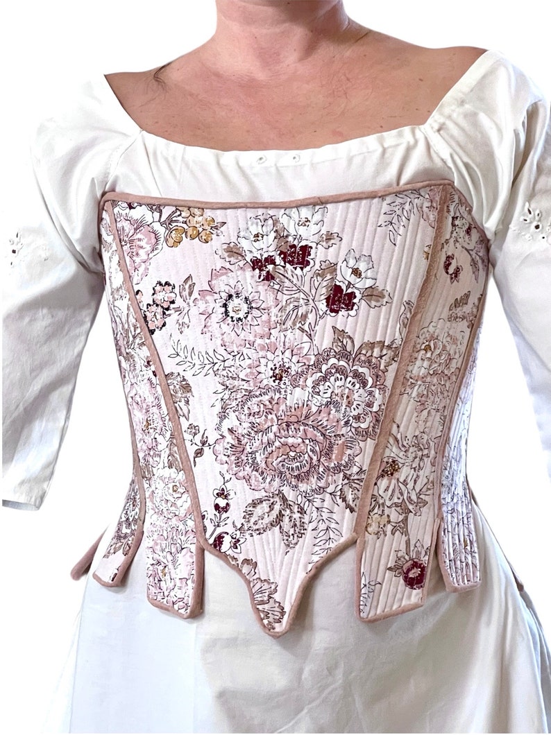 18th Century Pair of Strapless Stays Fully Boned with Spiral Back Lacing, Leather Trimmed Tabs, Ladies Historical Clothing Costumes, Floral image 1
