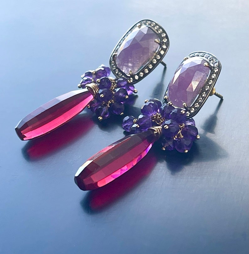 Amethyst Gemstone Grape Cluster Earrings with Raspberry Red Quartz Briolettes and Pink Sapphire Ear Posts, Gold Filled and Gold Plated image 8