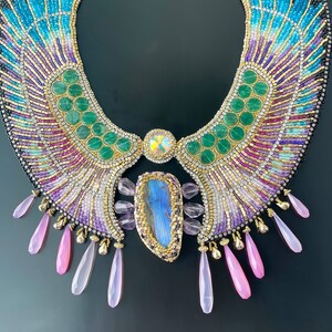Luxury Winged Scarab Gemstone Embroidery Collar Necklace and Earrings Set, Ancient Egyptian Style Amethyst Boulder Opal, Doro Soucy Jewelry image 3