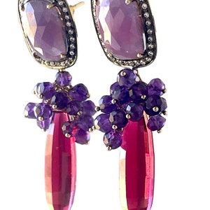 Amethyst Gemstone Grape Cluster Earrings with Raspberry Red Quartz Briolettes and Pink Sapphire Ear Posts, Gold Filled and Gold Plated image 4