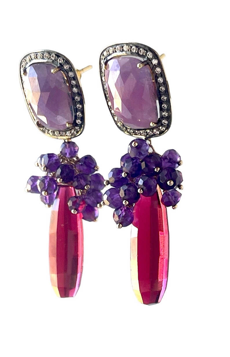Amethyst Gemstone Grape Cluster Earrings with Raspberry Red Quartz Briolettes and Pink Sapphire Ear Posts, Gold Filled and Gold Plated image 4