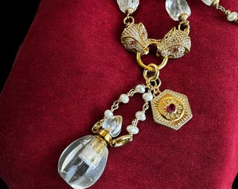 Elixir Bottle Pendant with Faceted Prasiolite and Quartz on 14k Gold Filled Chain; Gemstone & Pearl Long Wire Wrapped Renaissance Necklace