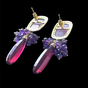 Amethyst Gemstone Grape Cluster Earrings with Raspberry Red Quartz Briolettes and Pink Sapphire Ear Posts, Gold Filled and Gold Plated image 6