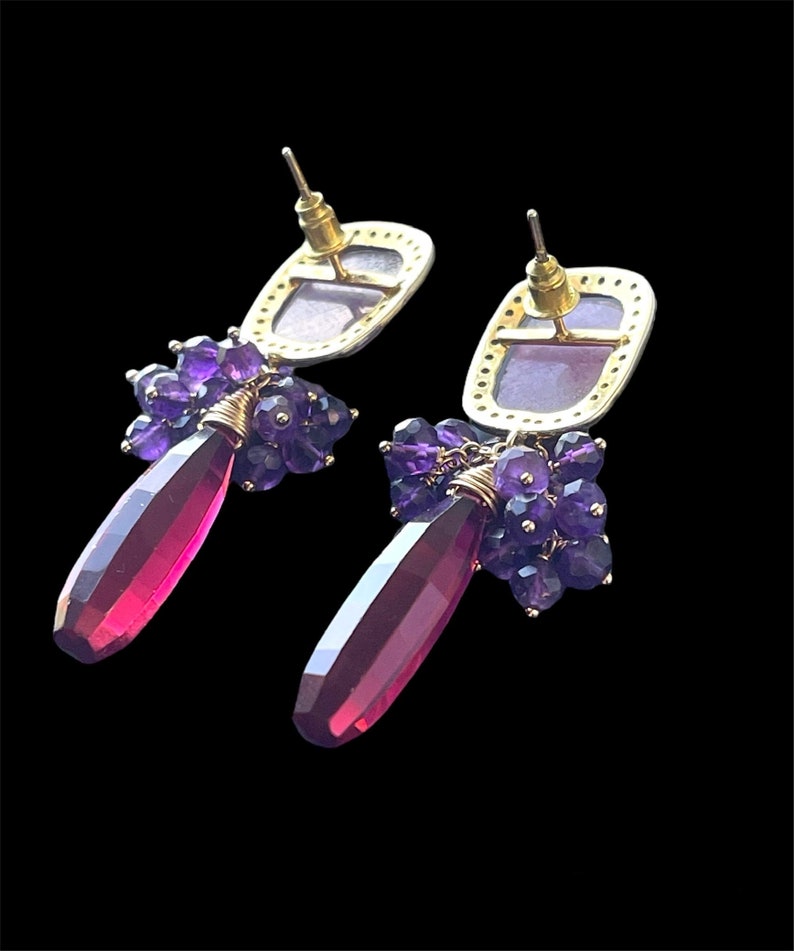 Amethyst Gemstone Grape Cluster Earrings with Raspberry Red Quartz Briolettes and Pink Sapphire Ear Posts, Gold Filled and Gold Plated image 6