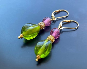 16th Century Renaissance Style Beaded Drop Earrings Made with Green and Pink Lampworked Glass and Gold Plated Ear Wires