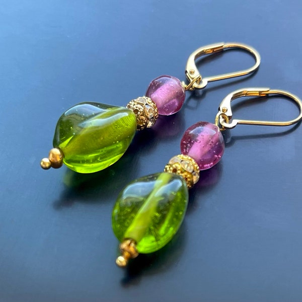 16th Century Renaissance Style Beaded Drop Earrings Made with Green and Pink Lampworked Glass and Gold Plated Ear Wires
