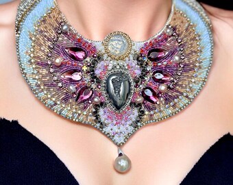Winged Scarab Hand Embroidery Bib Necklace with Vintage Materials and Seed Beads