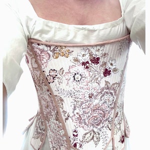 18th Century Pair of Strapless Stays Fully Boned with Spiral Back Lacing, Leather Trimmed Tabs, Ladies Historical Clothing Costumes, Floral image 10