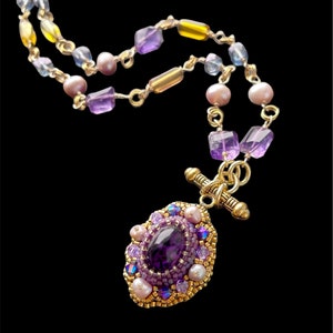 Byzantine Style Gemstone and Pearl Gold Plated Necklace with Bead Embroidered Pendant; Medieval Jewelry Gift with Amethyst and Mystic Quartz