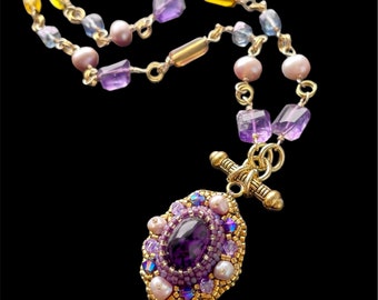 Byzantine Style Gemstone and Pearl Necklace with Bead Embroidered Pendant and Gold Plated Beads, Amethyst and Mystic Quartz